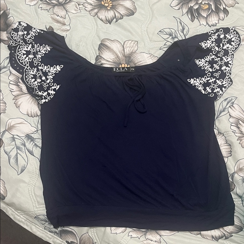 Navy Blouse with White Embroidered Sleeves